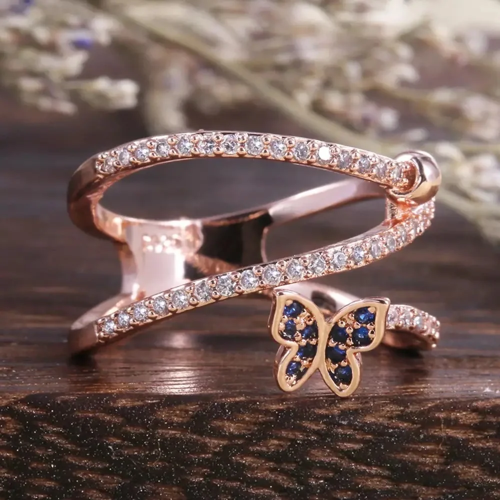 New Women’s Rose Gold Plated Butterfly Sapphire Ring - Picture 2 of 6